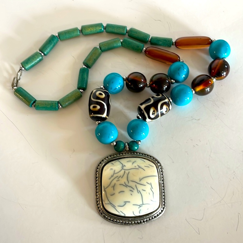 Blue, Green and Brown Beaded Tribal Necklace With Faux Stone Pendent